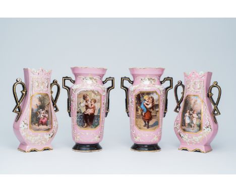 Full title: Two pairs of French 'Rose Pompadour' polychrome and gilt Paris porcelain vases with children and floral design, 1