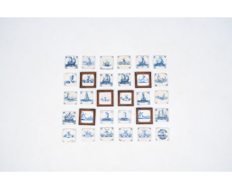 Full title: 30 blue and white Dutch Delft tiles with boats and windmills, 18th/19th C.Description: Each tile: ca. 13 x 13 cm 