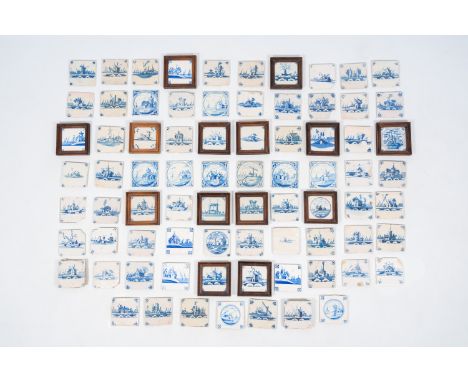 Full title: 77 blue and white Dutch Delft tiles with landscapes, 18th/19th C.Description: Each tile: ca. 13 x 13 cm  The larg