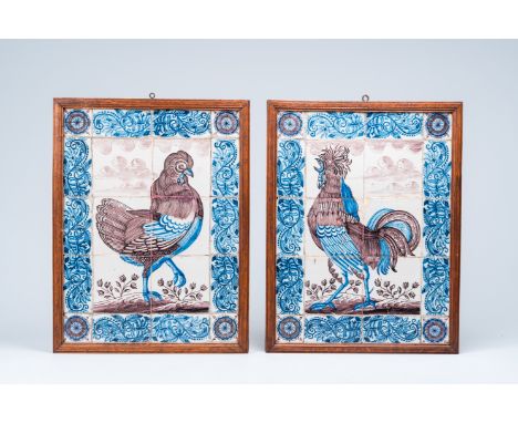 Full title: A pair of Dutch Delft tile murals with a rooster and a hen, 18th C.Description: 56 x 43 cm (each frame)