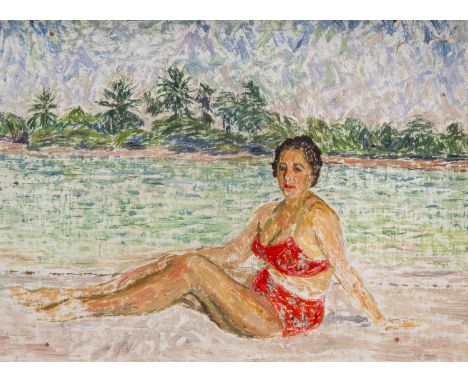 Full title: Leon De Smet (1881-1966): Tropical beach with a lady in bikini, oil on board, [1966]Description: Work: 39,3 x 30,