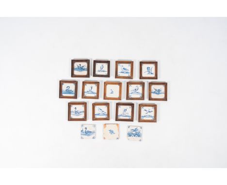 Full title: 16 Dutch Delft blue and white 'bird' tiles, 17th/18th C.Description: Each tile: ca.: 13 x 13 cm  Frame: ca.: 16 x
