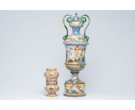 Full title: A large Italian maiolica vase and an albarello, 19th C.Description: H 86,1 - 28,6 cm