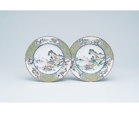 Full title: A pair of Chinese Canton enamel plates with an animated river landscape, Qianlong mark, 18th/19th C.Description: 