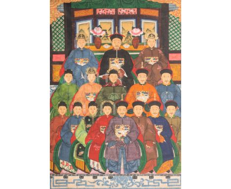 Full title: Chinese school: A large ancestor portrait, ink and colours on canvas, 19th C.Description: 224 x 142 cm (overall d