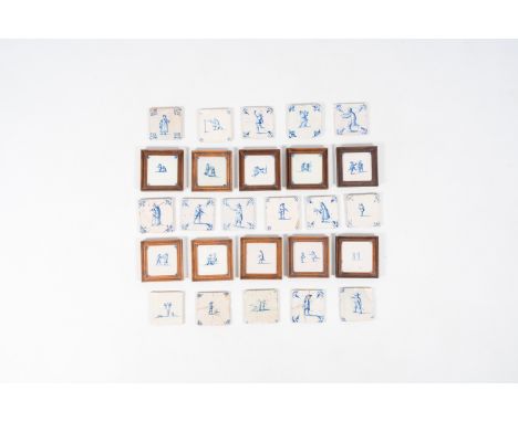 Full title: 26 blue and white Dutch Delft tiles with large figures and children at play, 17th/19th C.Description: Each tile: 
