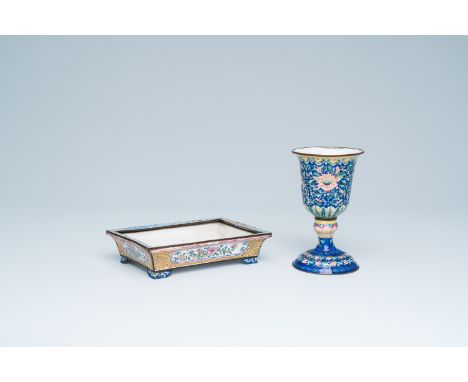 Full title: A Chinese Canton enamel goblet and a rectangular flowerpot, 19th C.Description: H 15,8 cm (the goblet)  H 4,4 - L