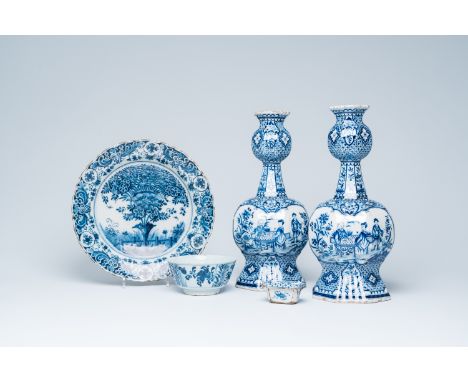 Full title: Five pieces of blue and white Dutch Delftware, 18th/19th C.Description: H 43,8 - 43,2 cm (the vases)  Dia.: 35,5 