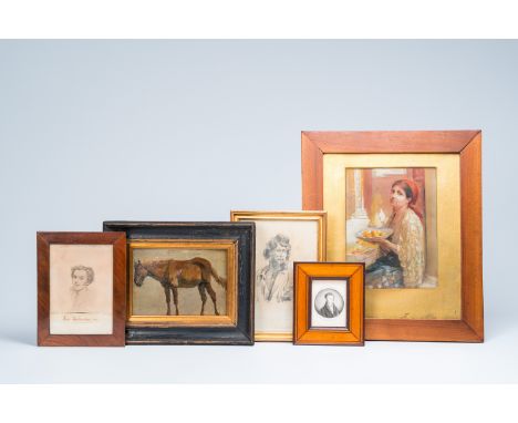 Full title: Belgian school: Five various works, mixed media, 19th/20th C.Description: Work: ca. 29 x 21,5 cm  Frame: 47,7 x 4