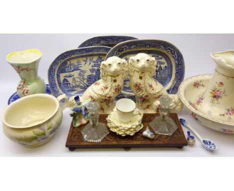 Royal Copenhagen finch 1040, floral decorated jug and bowl wash set, pair matching Staffordshire dogs, three Victorian willow