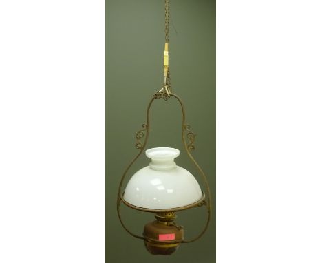 Hanging brass oil light fitting with domed white glass shade, H77cm excl chain Condition Report Click here for further images