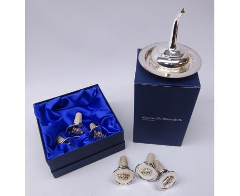 Shop stock: silver-plated wine funnel and stand and a set of six cork bottle stoppers, silver plated tops with Royal Navy cre