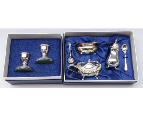 Shop stock: three piece silver-plated condiment set & pair of silver-plated dwarf candlesticks, both cased by Laurence R. Wat