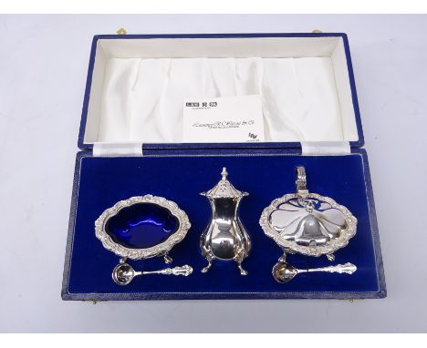 Shop stock: three piece silver-plated condiment set, gadroon borders on four lion paw feet by Laurence R. Watson & Co. cased 