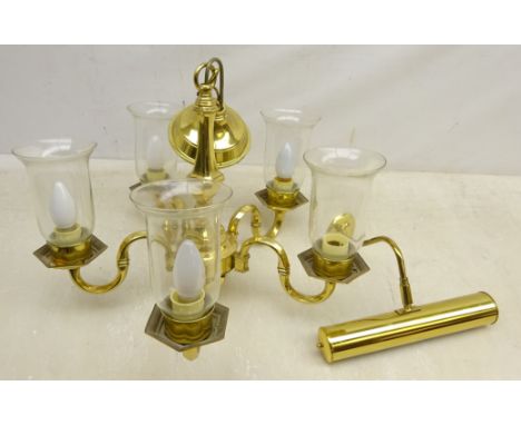 Five branch centre light fitting with clear glass shades, D48cm and a brass picture light Condition Report Click here for fur