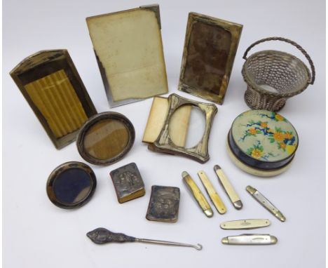 Three hallmarked silver photo frames, Art Deco chrome plated photo frame, two silver fronted pocket bibles, silver-plated wov