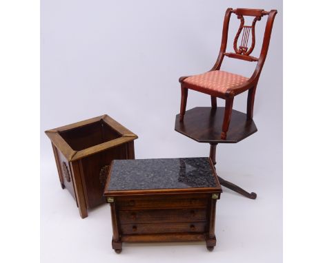 Three pieces of miniature furniture - three-drawer chest with column supports and simulated marble top L29cm, octagonal mahog