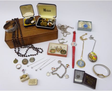 Collection of jewellery including two gold-plate silver rings, Jet brooch, stick pins, cuff links, ROSPA brooch, Rotary wrist