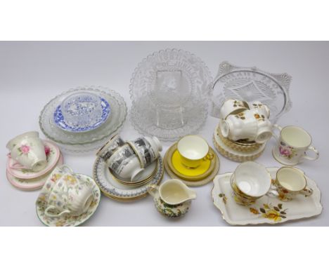 Collection of Victorian and later commemorative pressed glass plates, two Minton Haddon Hall cups & saucers, Royal Crown Derb