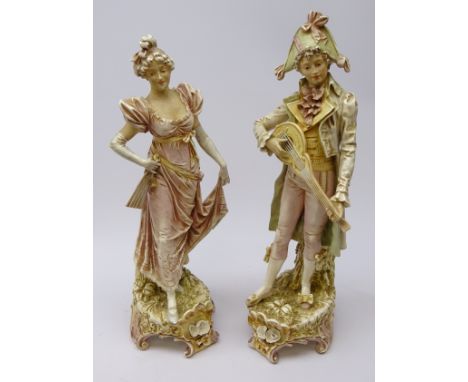 Pair large 19th century French ceramic figures, modelled as a lady holding a fan and gent playing the lute, H48cm  Condition 