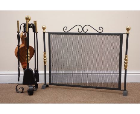 Two dyed sheepskin wool rugs, L105cm brass and metal spark guard and set of steel fire tools (4) Condition Report Click here 