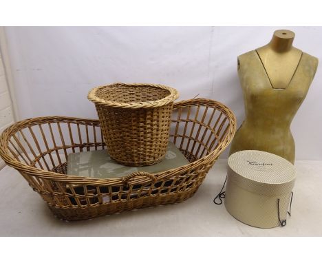 Vintage dress makers half mannequin, H74cm wicker moses basket, wicker basket, Rowntrees of Scarborough hat box and Marilyn M