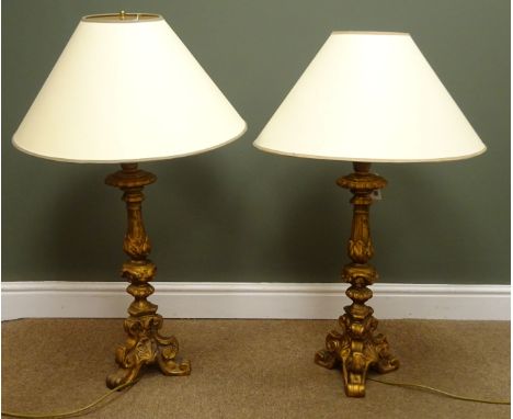 Pair Florentine style lamps on scroll tripod base with shades, H64cm excluding fitting  Condition Report Click here for furth