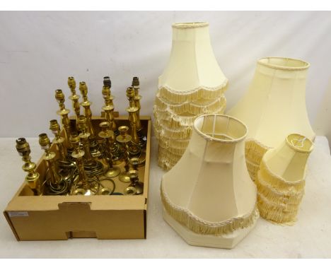 Five pairs of brass candlestick lamps, three pairs of brass candlesticks, single candlesticks & lamps with a set of twelve sh