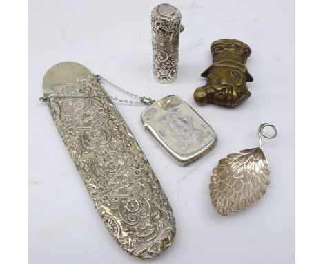Victorian embossed silver scent bottle with hinged lid, L5.5cm, Victorian silver-plated embossed spectacle case, silver vesta