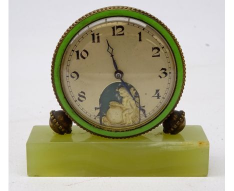 Edwardian Swiss travelling timepiece, circular silvered Arabic dial with cherub and drum automaton, in green enamel border, o
