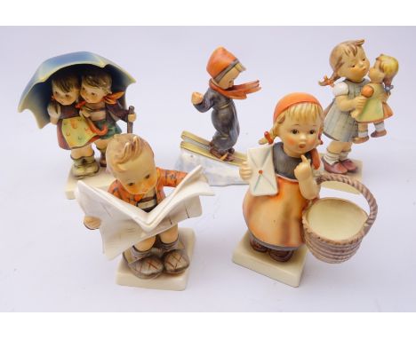 Five Goebel figures comprising 'Latest News' no. 184, 'Kiss Me' no. 311, 'Stormy Weather' no. 71, 'Meditation' no. 13 and 'Sk