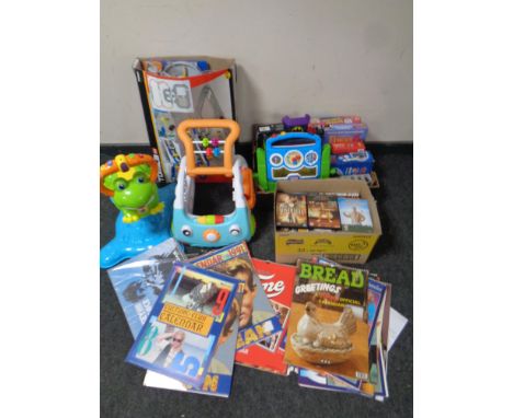 A quantity of children's toys to include V-tech bouncing frog, baby walker, DVDs games, calendars, Harry Potter, James Dean e