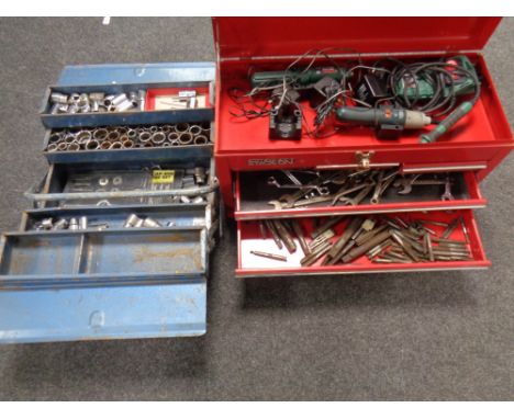 A Stack-on mechanics tool chest containing tap and die pieces, assorted spanners, electric cordless screwdriver together with