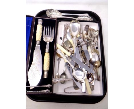 A tray containing antique and later plated and stainless steel cutlery, fish slice and fork in leather case together with a s