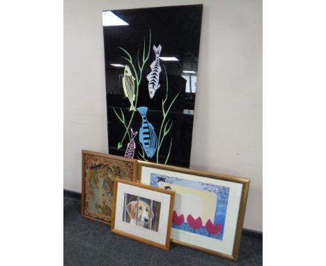 A 20th century black glass panel depicting fish together with a Mackenzie Thorpe print, a tapestry and a watercolour study of