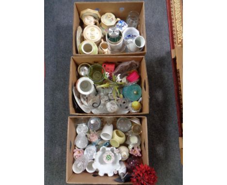 Three boxes containing assorted ceramics and glass ware, Ringtons caddy, vases etc