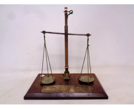 A set of Victorian brass micro scales mounted on mahogany board 