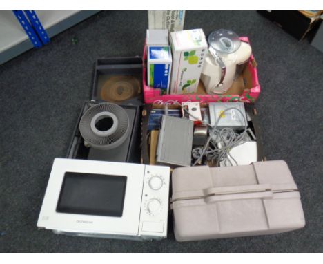 A quantity of miscellaneous to include cased projector with slide carousel, sewing machine case, Daewoo microwave, in car rad
