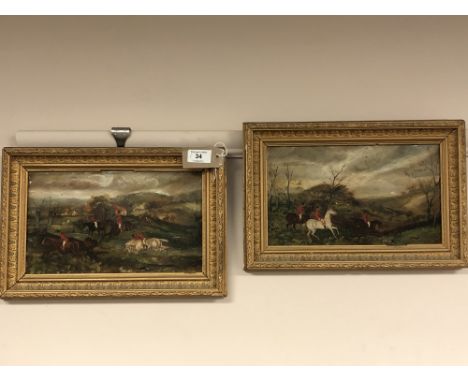 Nineteenth Century School : Hunting Scene, oil on board, indistinctly signed, 17 cm x 27 cm, together with the companion piec