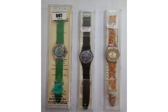 Three Swatch Watchs Swatch In Our Hands Earth Summit 92 Classic Swiss Watch A Voie Humaine S