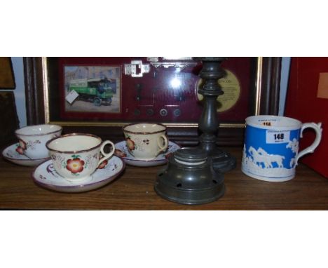 Three Lustre Cups & Saucers, an 1840 Harvest Mug & a Pewter Inkwell & Candlestick.
