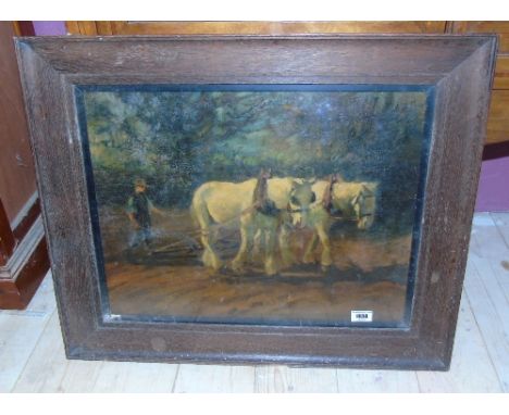 A Ploughing Print in a Wide Oak Frame, 40 x 52cm.q