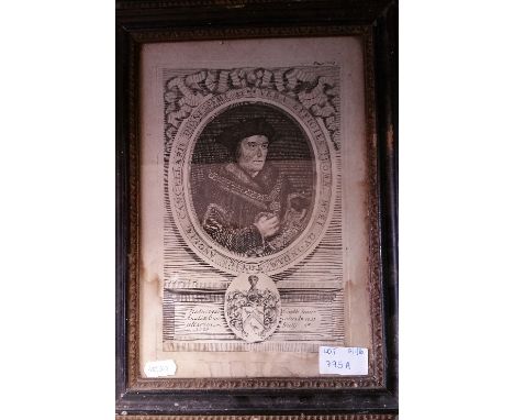 A 17th or 18th Century Monochrome Portrait Engraving of Sir Thomas Moore by Philip Simms. 