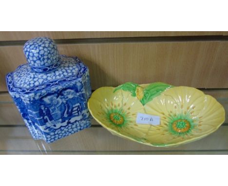A Traditional Blue & White Tea Caddy with Lid, c. 1910 (lid repaired) along with an attractive yellow Carlton dish.
