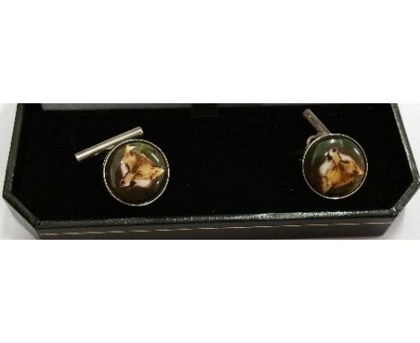 Silver Enamel Foxhead Cufflinks.