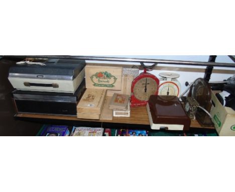 A Quantity of Items to Include a Carriage Clock, a Mantle Clock, Two Weighing Scales,  a Selection of Wooden Boxes etc.