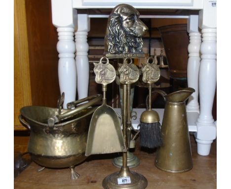 A 19th century Brass Coal Helmet, Brass Companion Set and other brass.