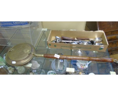 A 19th Century Brass Warming Pan and A Quantity of Flatware; including two salts and a tuning fork.