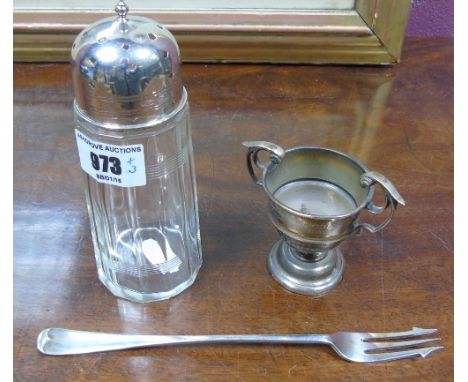 A Silver Topped Sugar Castor - London: Henry Williamson; a Pickle Fork: Sheffield Walker & Hall 1926, & a Small Irish Silver 