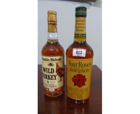 Two Bottles of Vintage Bourbon Whiskey: Four Roses Kentucky Straight Bourbon Whiskey, Aged Six Years Distilled and aged by Fo